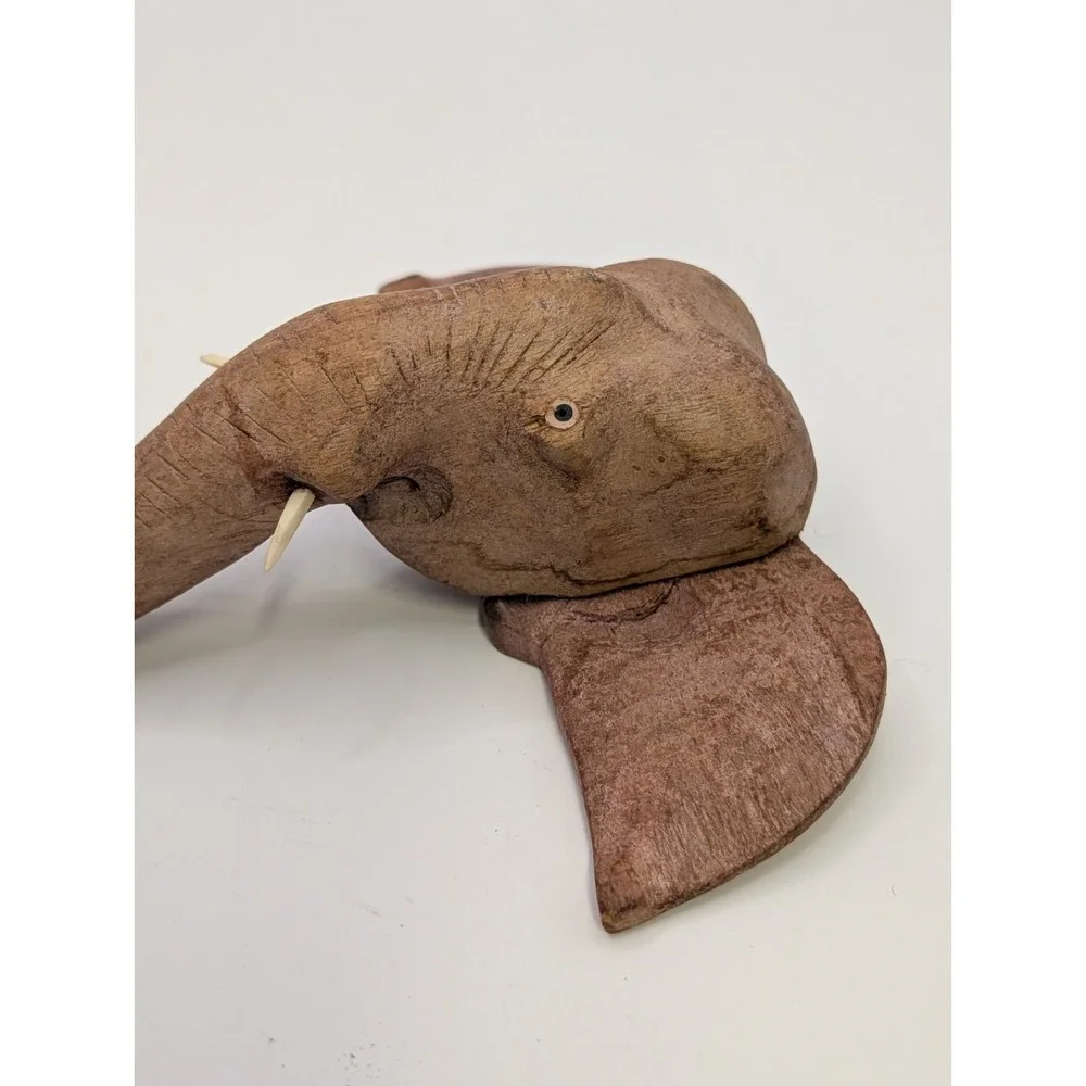 Vintage Hand Carved Wood Elephant Head Wall Decor Key Hook Holder India